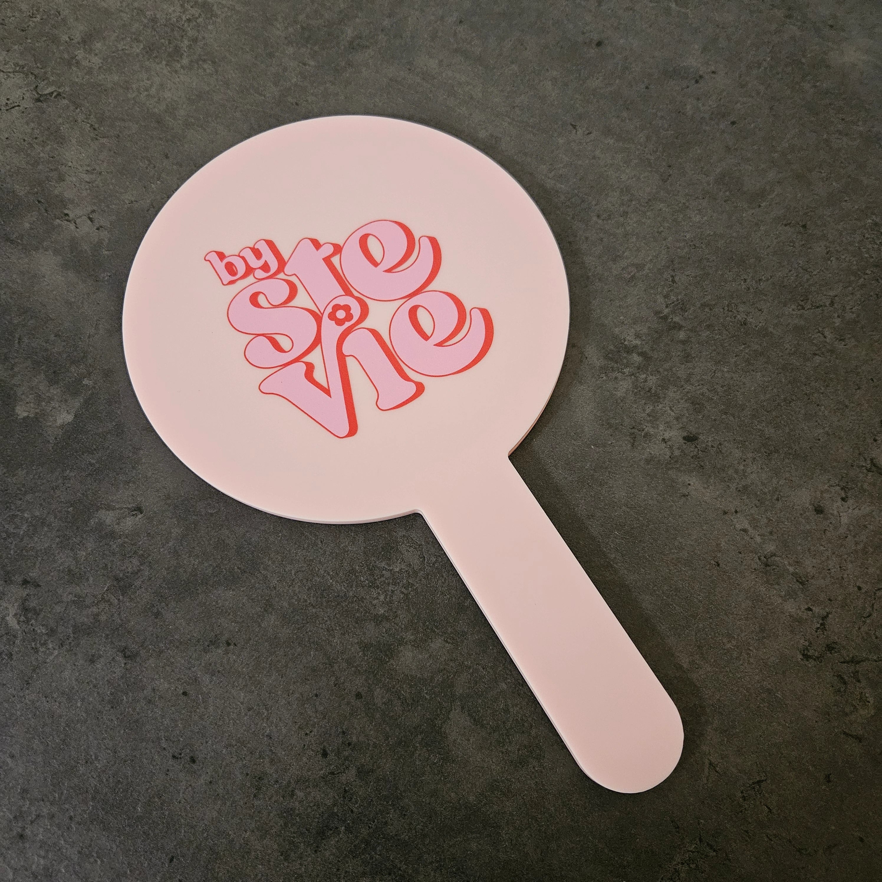 Round Handheld Mirror with Printed Logo in Baby Pink Acrylic