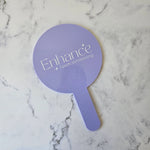 Round Hand Held Mirror with White logo and pastel lilac acrylic (gloss)