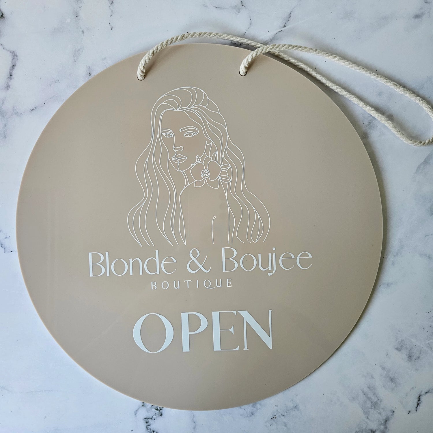 Round Open Sign with Beige Acrylic and White Logo