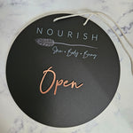 Open Sign with rose gold acrylic letters