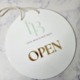 Open Sign in White Acrylic with Gold Acrylic Letters