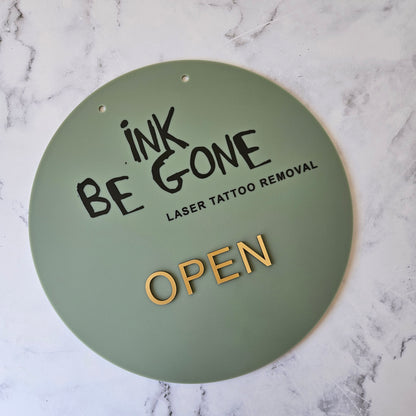 Round Open Sign with Olive Acrylic Black Logo and Gold Open