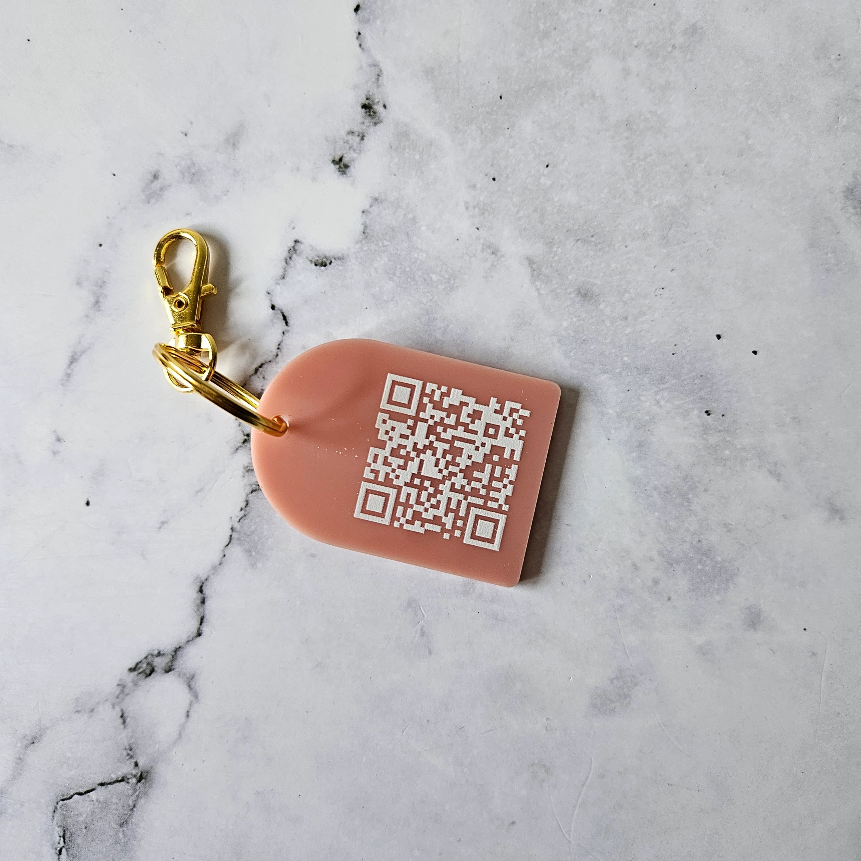 Arch QR Code Keychain in Pink with White Writing
