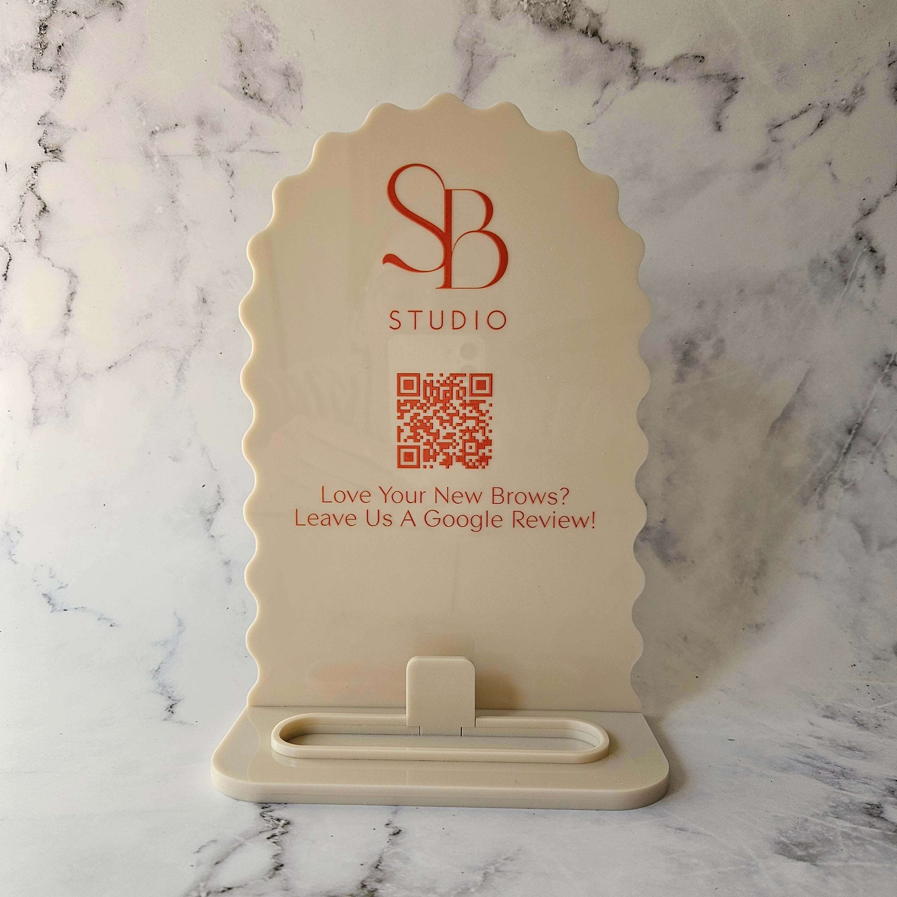 QR Code Stand with Gloss Beige Acrylic and Custom Colour Printing