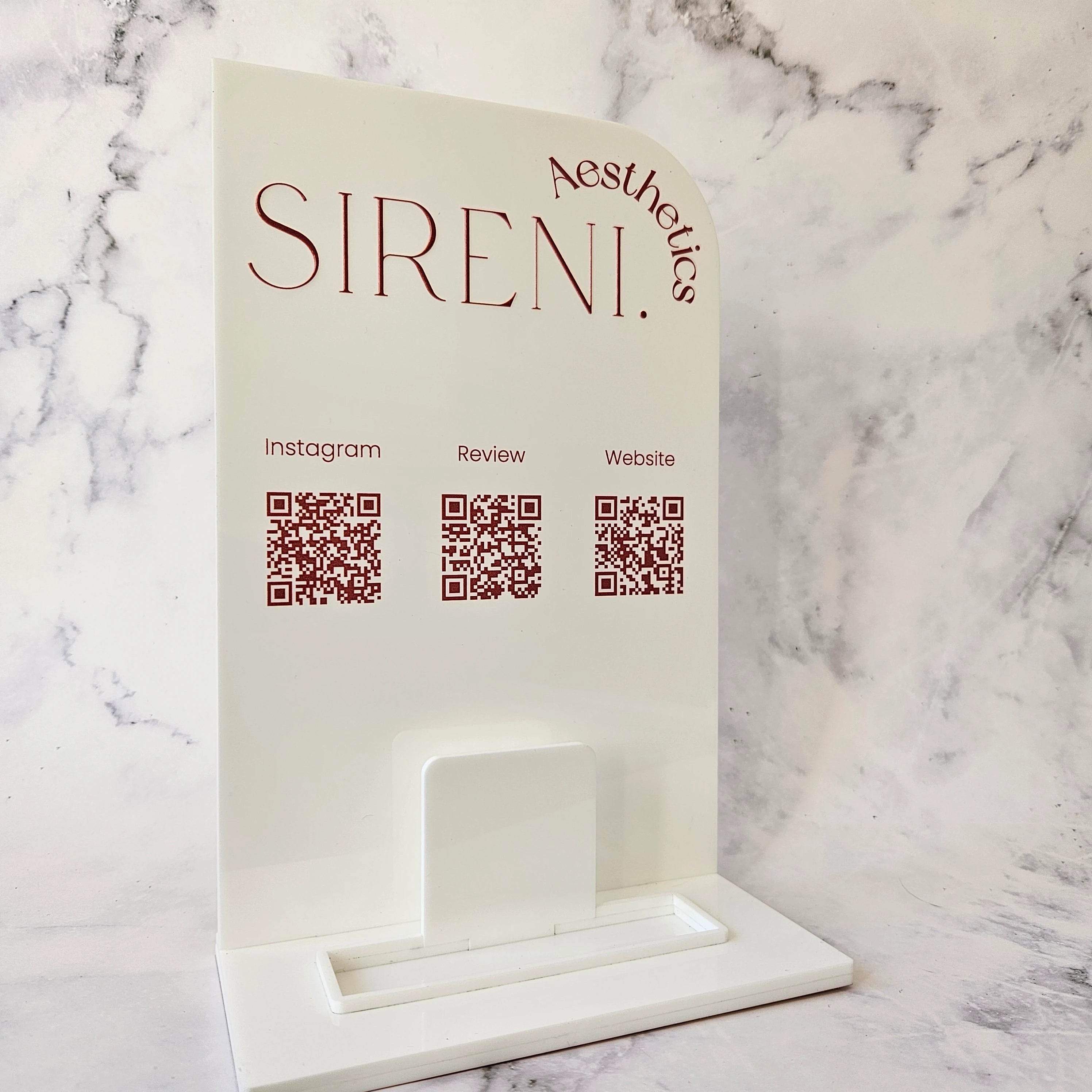 Rectangle QR Code Stand in Gloss White Acrylic and custom red Lettering