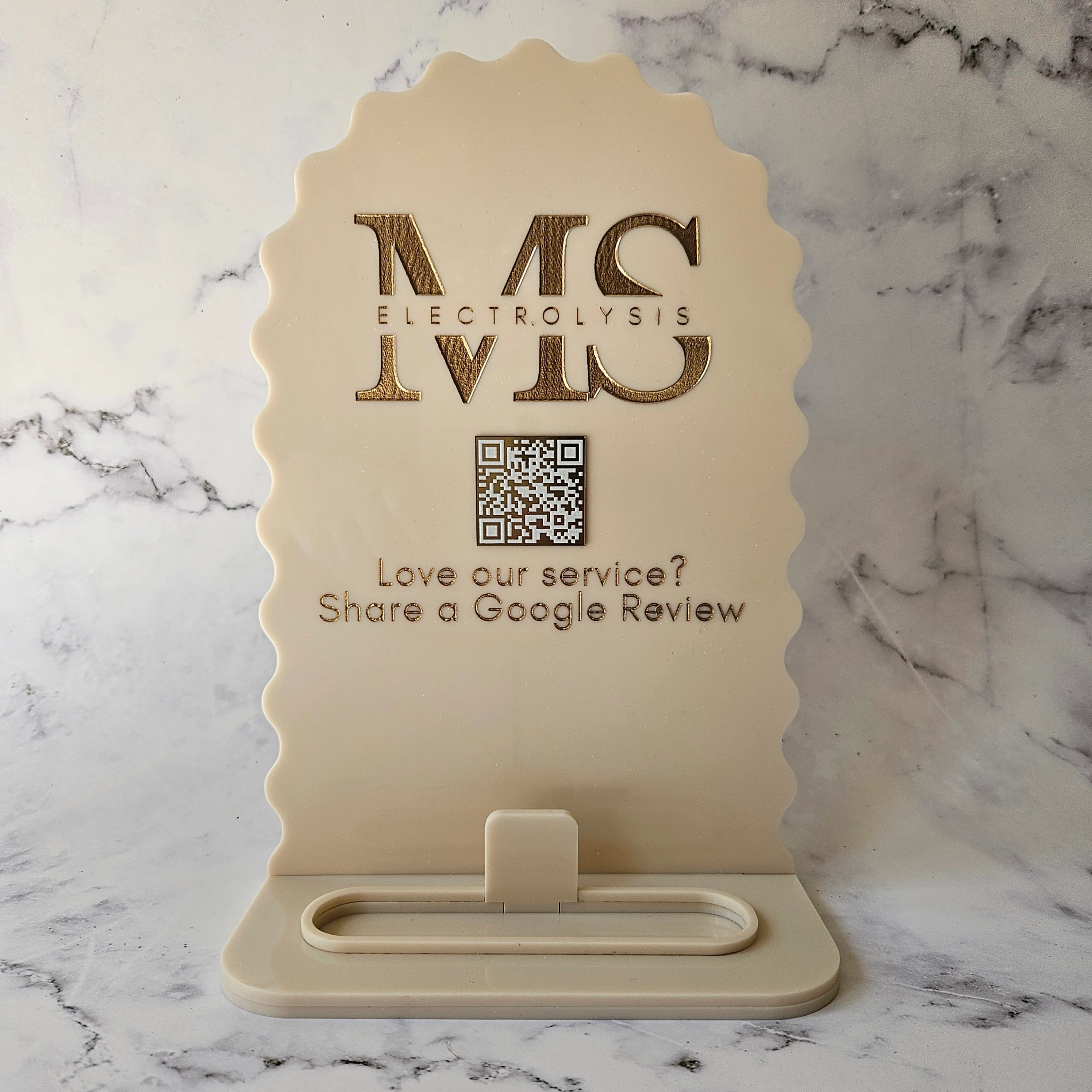 QR Code Stand with Card Holder - Beige Acrylic with Gold text