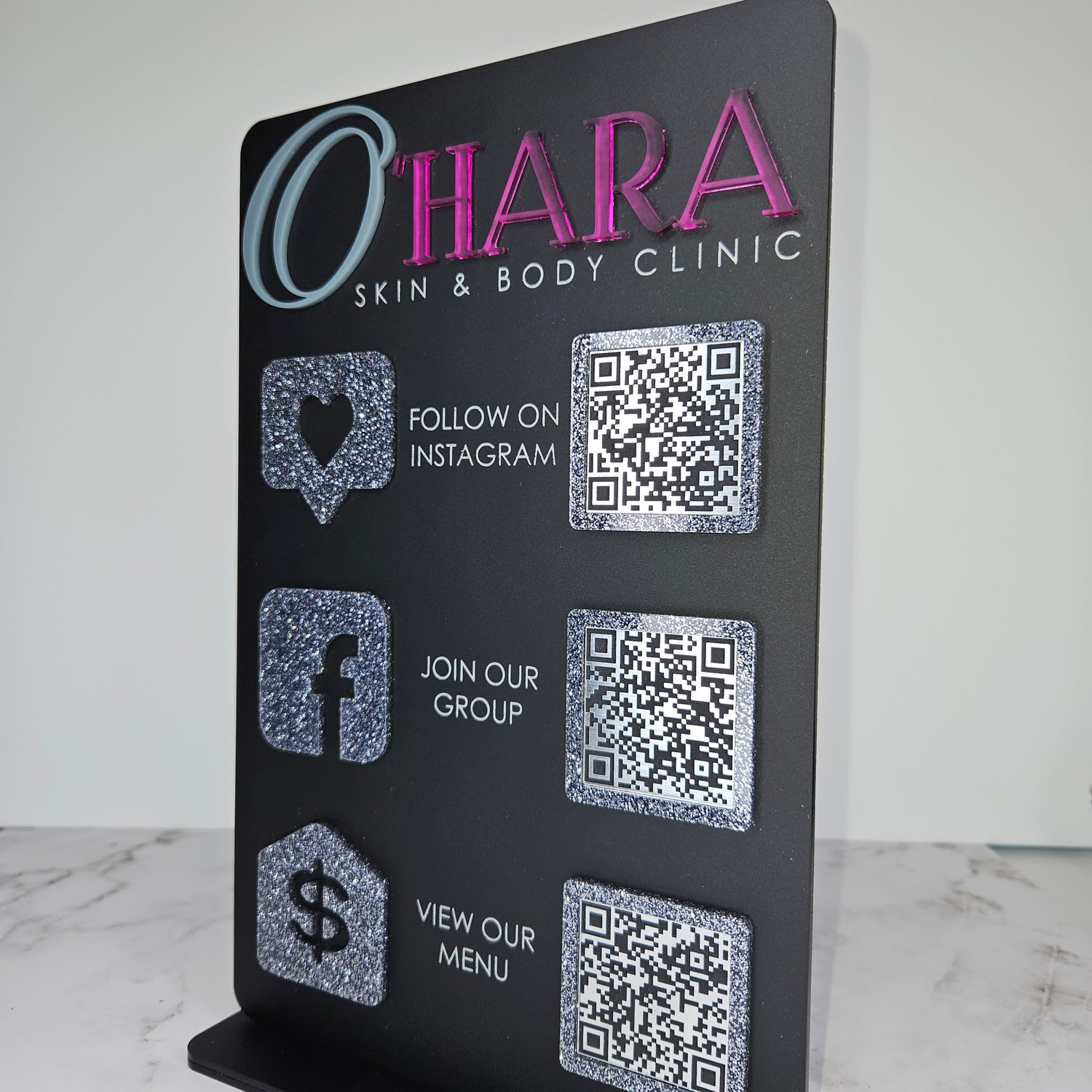Triple Icon QR Code Sign for beauty salon in rectangle black acrylic