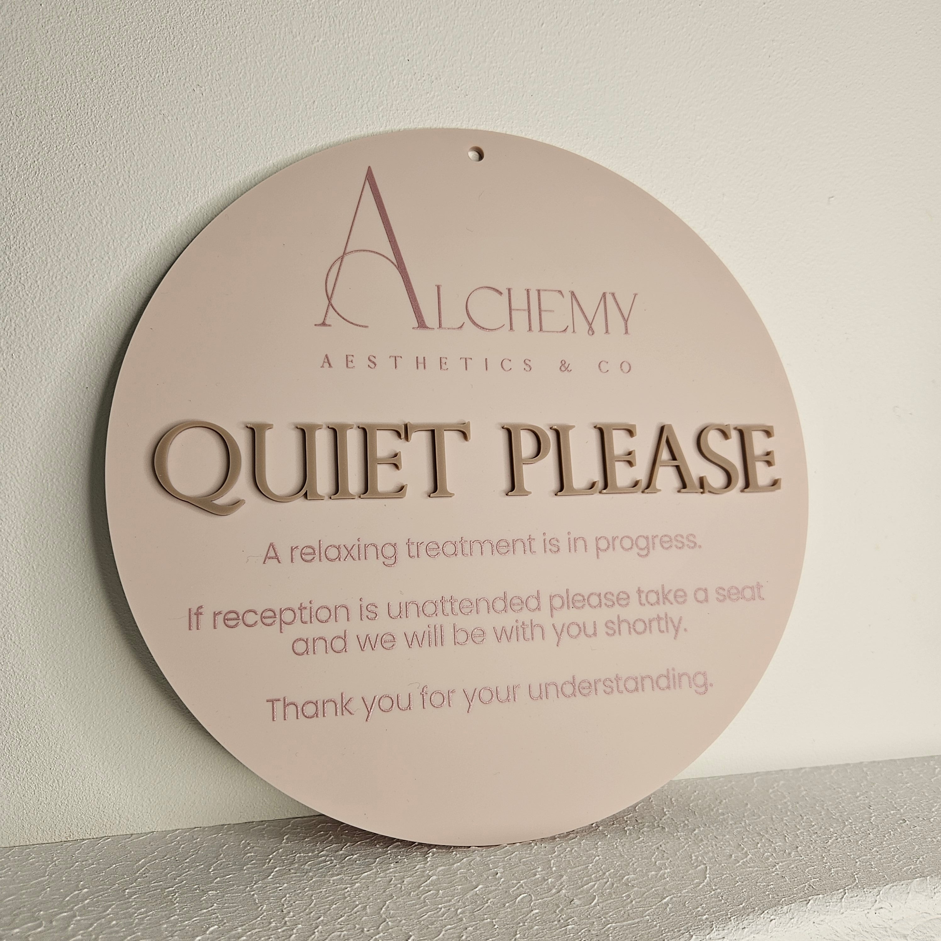 Do not disturb signage with quiet please in acrylic letters