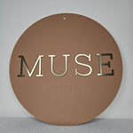 Round Business Sign with brushed gold acrylic lettering