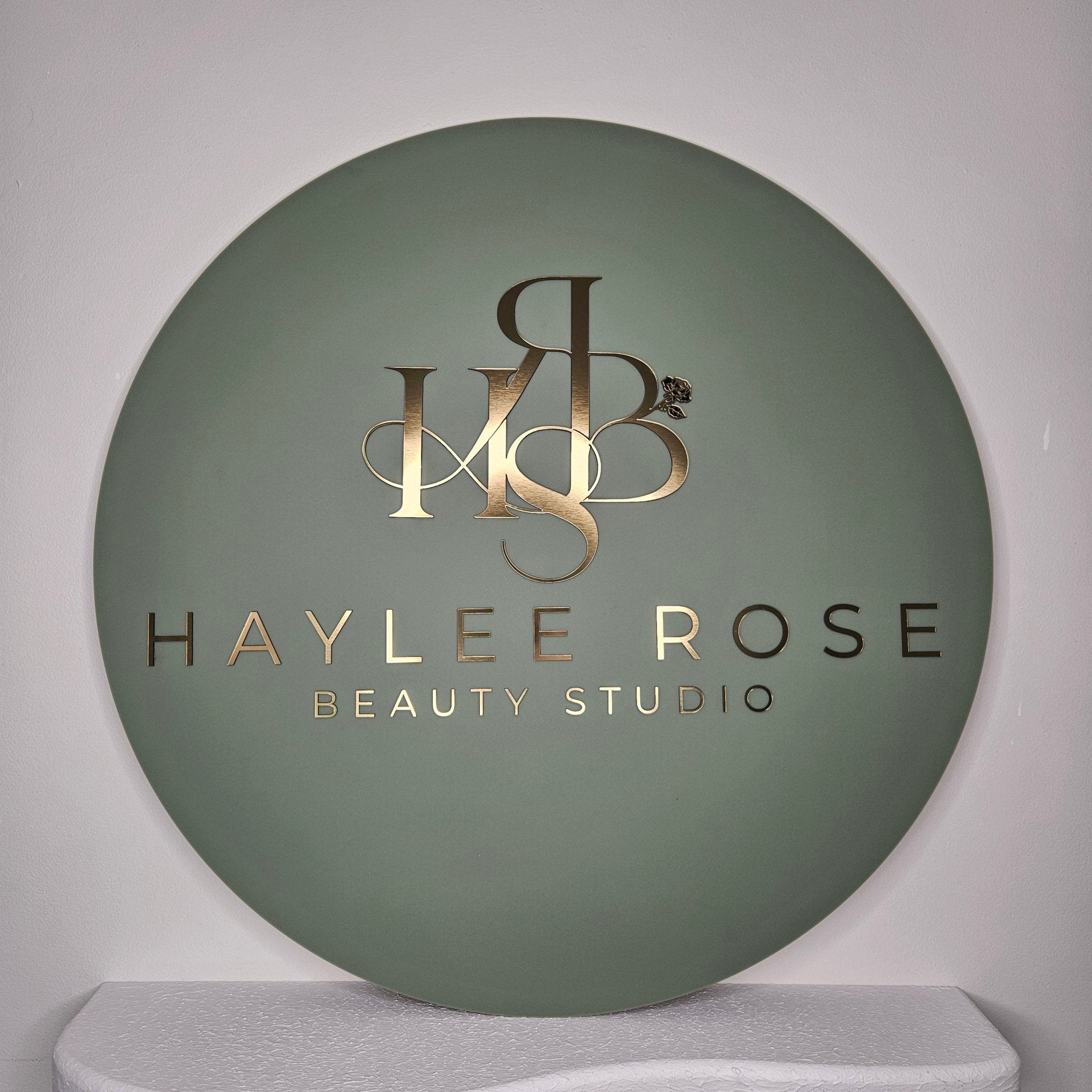 Round Business Sign with brushed gold 3D acrylic lettering