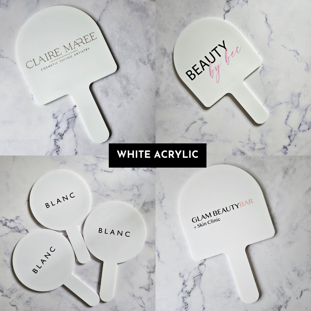 handheld mirror with logo in white