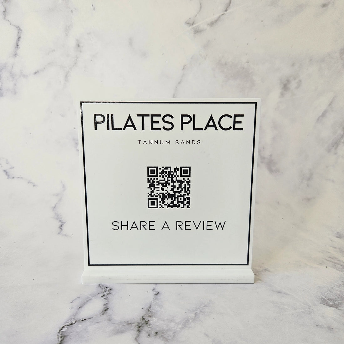 Square QR Code Sign for Google Review in White Acrylic with Black Writing