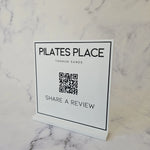 Square QR Code Sign for Google Review in White Acrylic with Black Writing - Side View