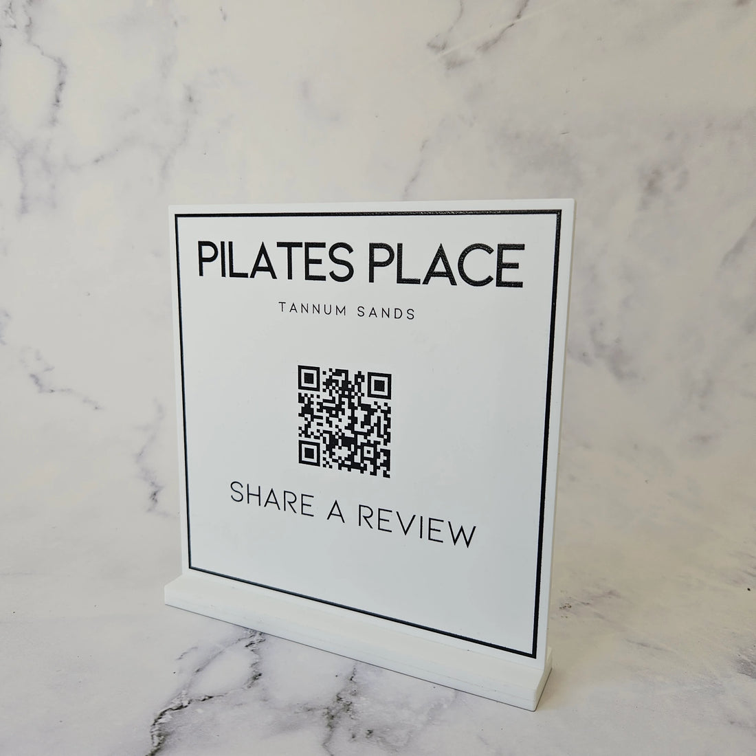 Square QR Code Sign for Google Review in White Acrylic with Black Writing - Side View
