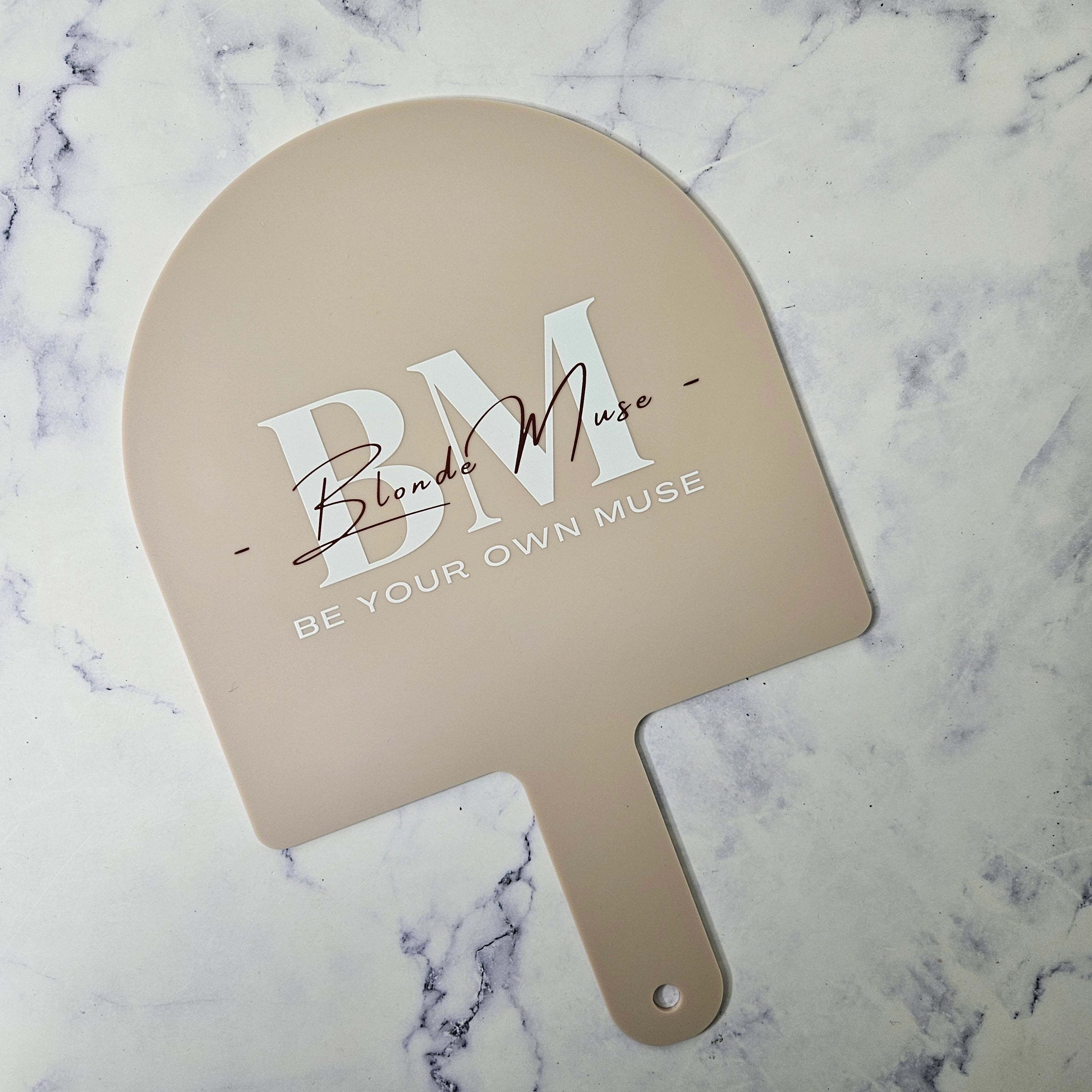 XL Arch Handheld Mirror in Almond Acrylic with Multi Colour Logo