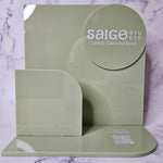 Custom Brochure Holder in Eucalyptus green acrylic and white writing