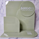 Custom Brochure Holder in Eucalyptus green acrylic and white writing