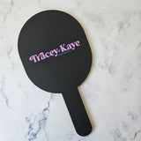 Oval Handheld Mirror in black acrylic with a coloured logo