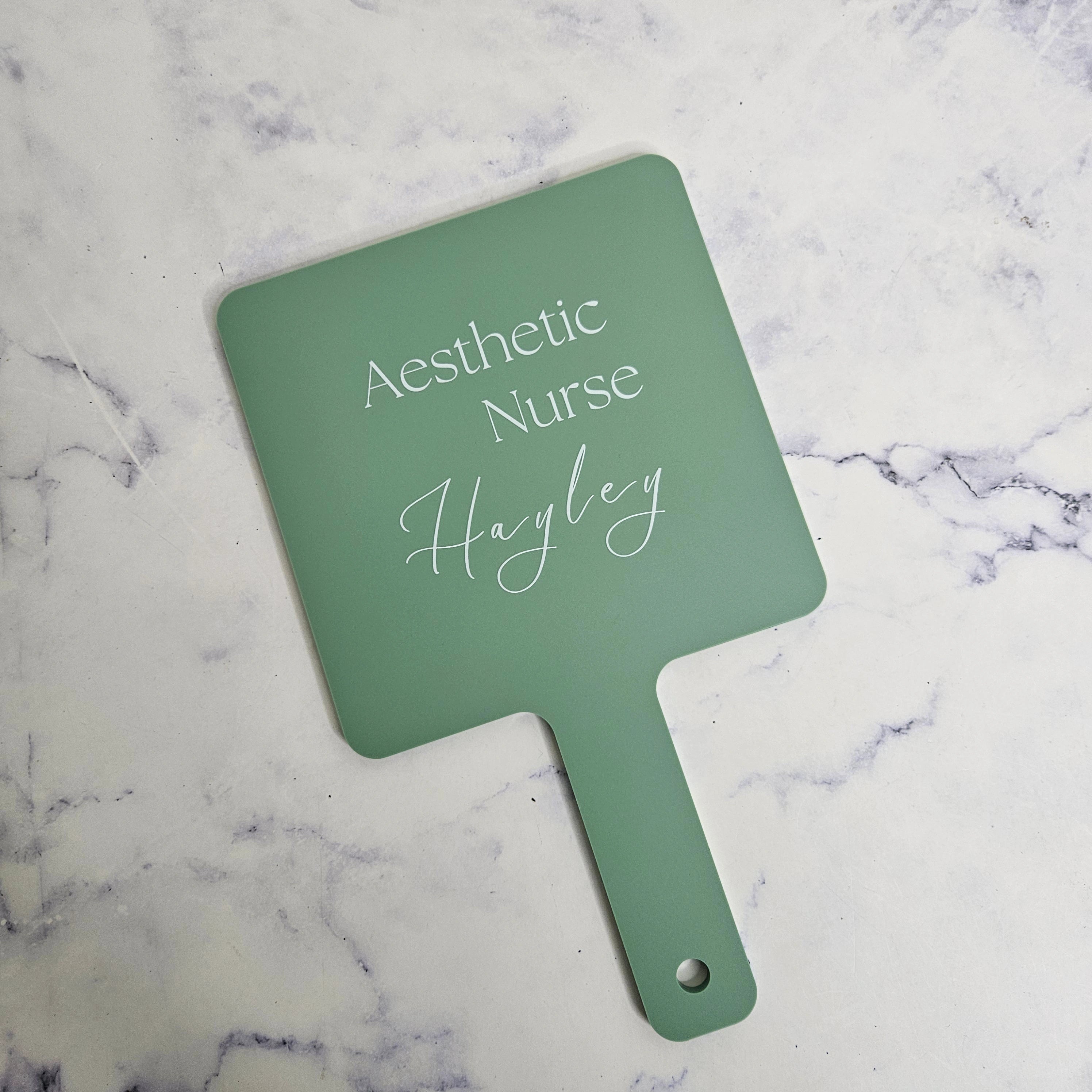 Square Handheld Mirror in Sage Acrylic & White Logo