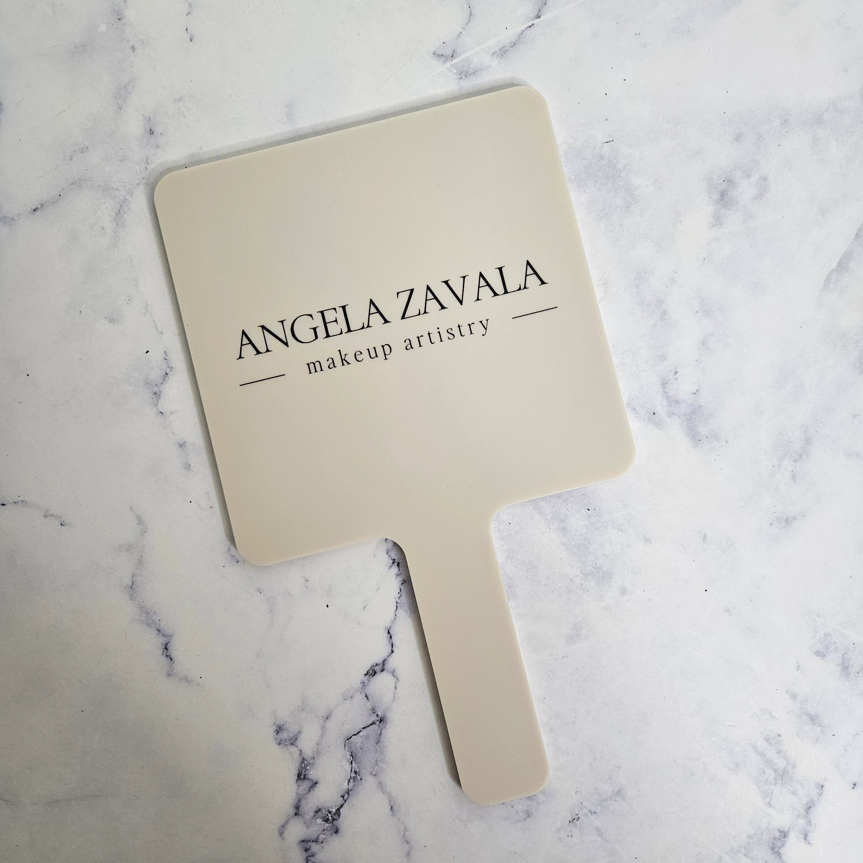 Square Handheld Mirror in Beige Acrylic & Black Logo