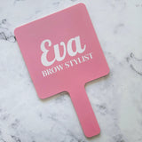 Square Handheld Mirror in Pastel Pink Acrylic & White Logo