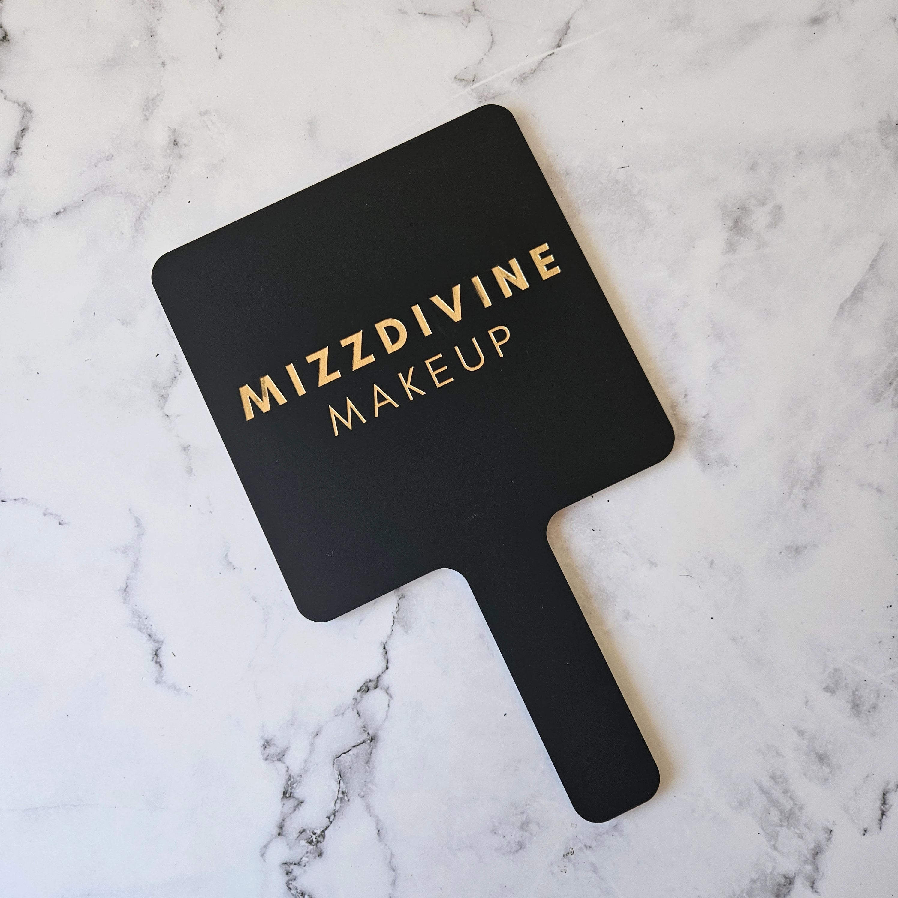 Square Handheld Mirror in Black Acrylic & Gold Logo