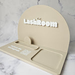 Arch square reader docking station in nude acrylic and white 3D acrylic letters