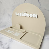 Arch square reader docking station in nude acrylic and white 3D acrylic letters