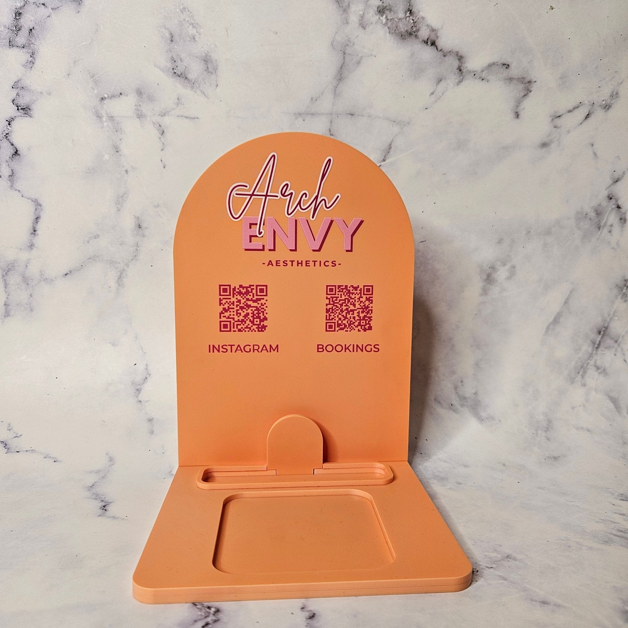 Mini arched square reader dock with logo and qr codes (Pastel Orange)